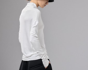 Off White Asymmetrical Top, Long Sleeve Minimalist Blouse Women, Loose Oversized Shirt, Avant Garde Top, Plus Size Clothing