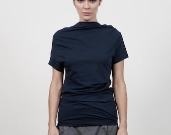 Blue Asymmetrical Drape Blouse – Short Sleeve Top | THUBAN 1091