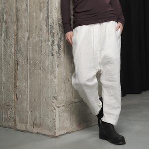 Off-White Drop Crotch Pants, Modern Loose Trousers, Womens Sarouel, Stylish Casual Linen Pants by THUBAN
