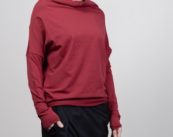 Red Oversized Long Sleeve Top – Loose Cotton Shirt | THUBAN 1084