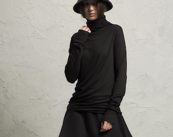 Black Long Sleeve Turtleneck – Raw Edge Top | THUBAN