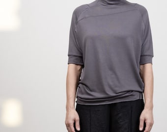 Brown-Gray Mock Neck Top – Half Sleeve, Raw Seams | THUBAN 1087