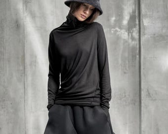 Black Draped Turtleneck, Raw Edge Long Sleeve Blouse, Asymmetrical Minimalist Shirt, Womens Clothing