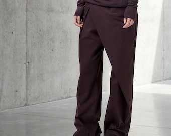 Burgundy Wrap Pants, Wide Leg Asymmetrical Trousers, 3039