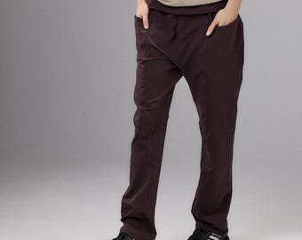 Burgundy Drop Crotch Pants Women, Yoga Trousers with Pockets, Long Cotton Bottoms, Minimalist Activewear, 3043