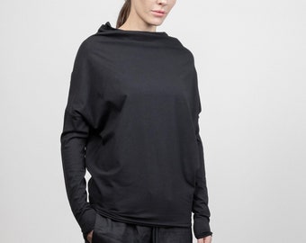 Black Cotton Top, Oversized Long Sleeved Blouse, Plus Sizes Available, Minimalist Black Yoga Top, Loose Fit Casual Shirt THUBAN, 1084.BL