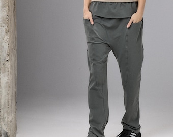 Olive Green Drop Crotch Pants Women, Yoga Trousers with Pockets, Long Cotton Bottoms, Minimalist Activewear