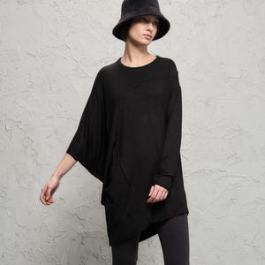Black Asymmetrical Tunic, Long Draped Oversized Top, Elegant Elongated Blouse, Avant Garde Womenswear, Drape Loose Top by THUBAN