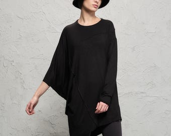 Asymmetrical Black Tunic Top – Loose Draped Blouse | THUBAN 1107