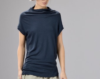 Muted Blue Asymmetrical Cap Sleeve Top Women, Minimalist Blouse, Loose Fit Short Sleeve Top, Plus Size Clothing, 1099