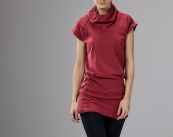Ruby Red Yoga Tunic Top, Capped Sleeve Tunic, Minimalist Red Top, Drawstring Collar, Women Yoga Clothing, 1092