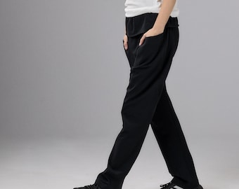 Black Drop Crotch Pants Women, Yoga Trousers with Pockets, Long Cotton Bottoms, Minimalist Activewear, 3043