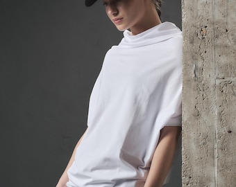 White Asymmetrical Cotton Top Women, Oversized Short Sleeve Blouse, Minimalist Loose Fit Top, Plus Size Clothing, 1084