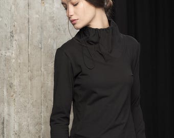 Black Avant-Garde Fitted Top, Minimalist Long Sleeve Blouse, Women's Contemporary Shirt, Sleek Tailored Design, Capsule Wardrobe, THUBAN