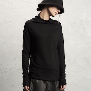 Black Asymmetrical Top, Minimalist Blouse With Raw Edges, Long Sleeve Futuristic Top, Elegant Black Blouse, Casual Essential Shirt, THUBAN