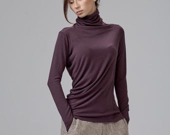 Bordo Asymmetric Turtleneck Top, Draped Long Sleeve Blouse, Minimalist Womenswear