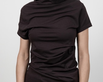 Brown Asymmetrical Top, Short Sleeve Minimalist Blouse, Women&#39;s Cotton Top, Sleek Contemporary Design, Modern Wardrobe Essential, THUBAN