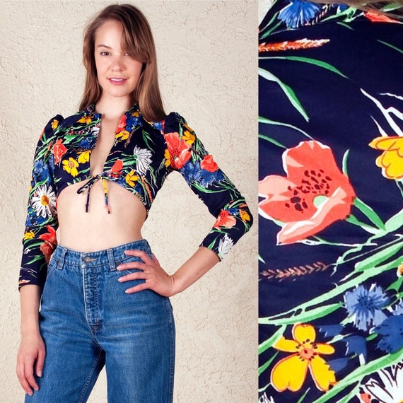 70's Floral Tie front Crop Top
