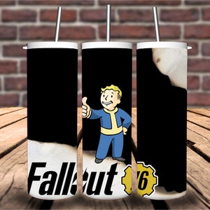 May include: Three black and white tumblers with a Fallout 6 logo and a cartoon character with a thumbs up. The tumblers have a white lid and a straw.