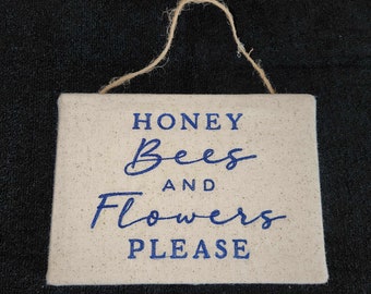 Embroidered Wall hanging art Honey Bees & Flowers Please