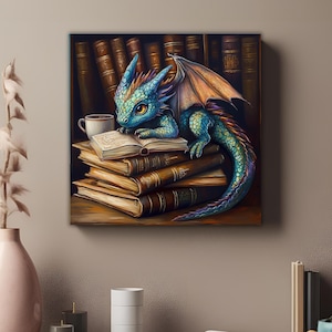 Tęczowa Magiczna Biblioteka Smok, Książki do kawy Vintage Średniowieczny Mroczny obraz akademicki Książka dla dzieci Płótno Smoka