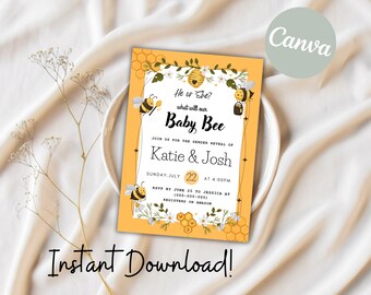 Editable What will Baby Bee Invitation, bumble bee invitation, gender reveal invite, bee gender reveal invite, bumble bee invite, template