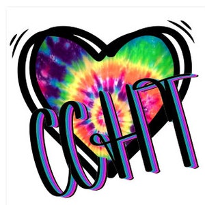 Puede incluir: Un corazón tie-dye con un contorno negro y la palabra "CHAT" en una fuente colorida y superpuesta.