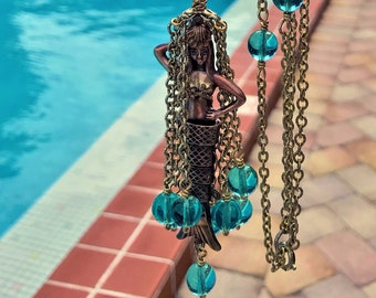 Mermaid in the Ocean Bubbles Made with Long Vintage Tassel Necklace Articulated Vintage Mermaid and Aqua Blue Glass Beads