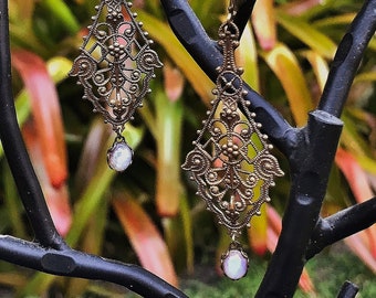 Romantic Victorian Filigree Earrings with Paisley Design and Milk Glass Opal Cabochon Drop