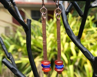 Copper Stick Earrings Hammered Criss Cross Pattern with Lovely Orange and Blue Glass Donut Beads