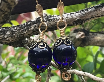 Beautiful Deep Cobalt Blue Czech Glass Earrings