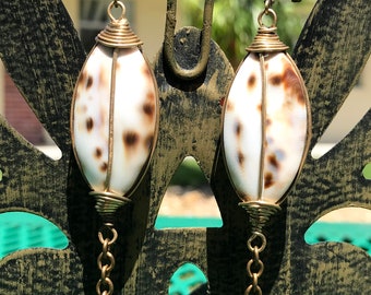 Spotted Cowrie Shell Earrings with Tiger Cowry Shells Wrapped in Brass wire  with Chain Accents