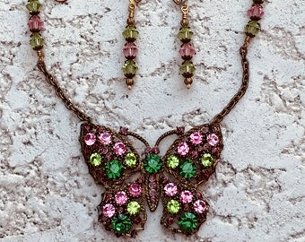 Pink and Green Rhinestone Butterfly Necklace Matching Pink and Green Swarovski Crystal Earrings