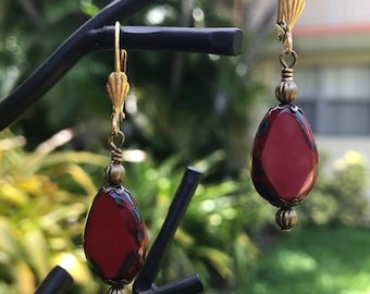 A Pop of Red Cute Teardrop Shaped Art Glass Earrings with Brass Accents