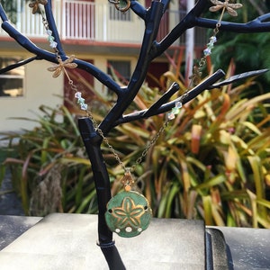 On Dragonfly Beach Sand Dollar Pendant Necklace with Pretty Dragonflies