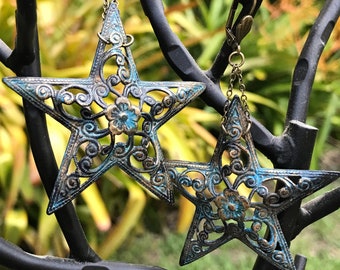 Large Blue Floral Filigree Star Earrings