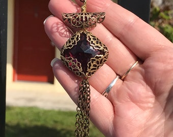 Soaring Purple Comet A Long Filigree Tassel Pendant with Large Vintage Purple Faceted Glass Gem