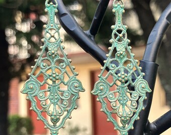 Lovely Teal Patinaed Paisley Filigree Earrings