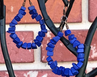 Artsy Copper Wire Wrapped Lapis Lazuli Tear Drop Hoop Earrings