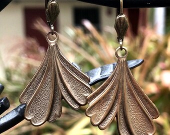 Lovely Brass Ginkgo Leaf Earrings with Lever Backs Ear Wires Having Cute Little Fan Accents