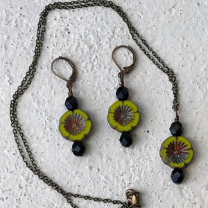 Cute Little Bohemian Style Chartreuse Flower Pendant and Earring Set image 4