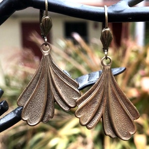 Lovely Brass Ginkgo Leaf Earrings with Lever Backs Ear Wires Having Cute Little Fan Accents image 1