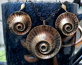 Nautilus Shell Pendant and Earring Set Brass with Dark Patina and Highlights