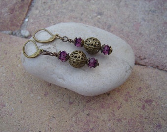 Brass Filigree Earrings with Amethyst Swarovski Crystals and Filigree Beads