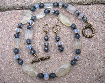Yellow Pineapple Glass and Blue Czech Necklace Set