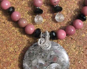 Huge Crinoid Fossil Jasper Pendant on Rhodonite Necklace and Earring Set