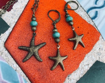 Dainty Starfish Necklace and Earring Set with Blue and Sand Colored Accent Beads