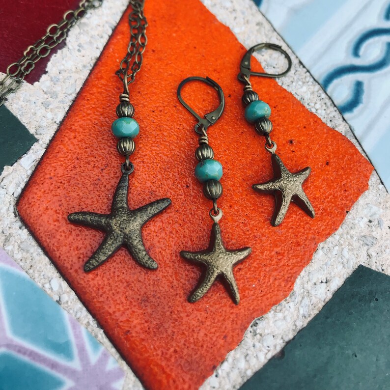 Dainty Starfish Necklace and Earring Set with Blue and Sand Colored Accent Beads image 1