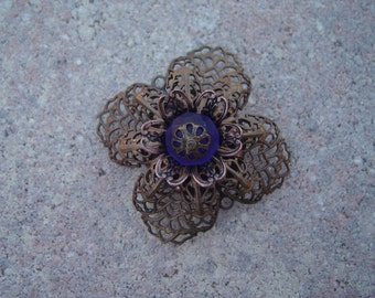 Brass Filigree Flower Brooch with Vintage Cobalt Blue Czech Bead