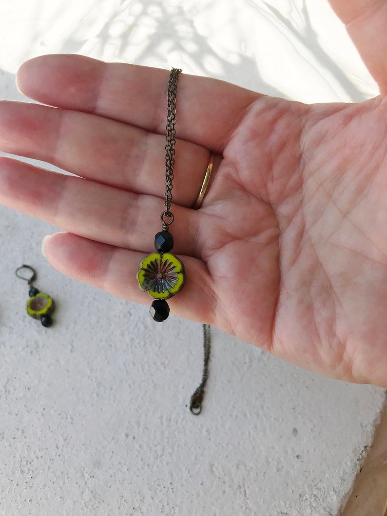 Cute Little Bohemian Style Chartreuse Flower Pendant and Earring Set image 8